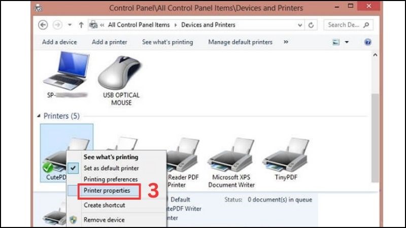 Nhấn chuột phải rồi chọn Printer properties Nhấn chuột phải rồi chọn Printer properties