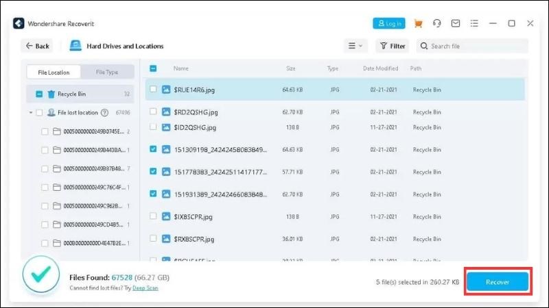 Chọn các ổ dữ liệu hoặc các loại tệp bạn muốn khôi phục và nhấn Recover