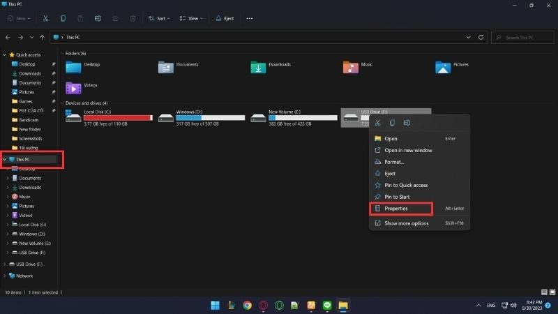 Click chuột phải vào USB Drive để mở cửa sổ tùy chọn và nhấn vào Properties