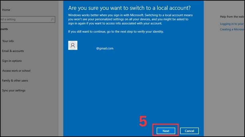 Cửa sổ xuất hiện câu hỏi Are you sure you want to switch to a local account? Cửa sổ xuất hiện câu hỏi Are you sure you want to switch to a local account?