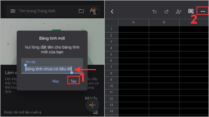 z Nhấn biểu tượng dấu + để tạo trang tính mới