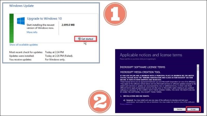 Nhấn Get Started để bắt đầu nâng cấp lên Windows 10 > Chọn Accept Nhấn Get Started để bắt đầu nâng cấp lên Windows 10 > Chọn Accept