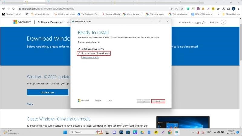 Chọn Keep personal files and apps, sau đó nhấn Install để tải xuống Windows 10 Chọn Keep personal files and apps, sau đó nhấn Install để tải xuống Windows 10