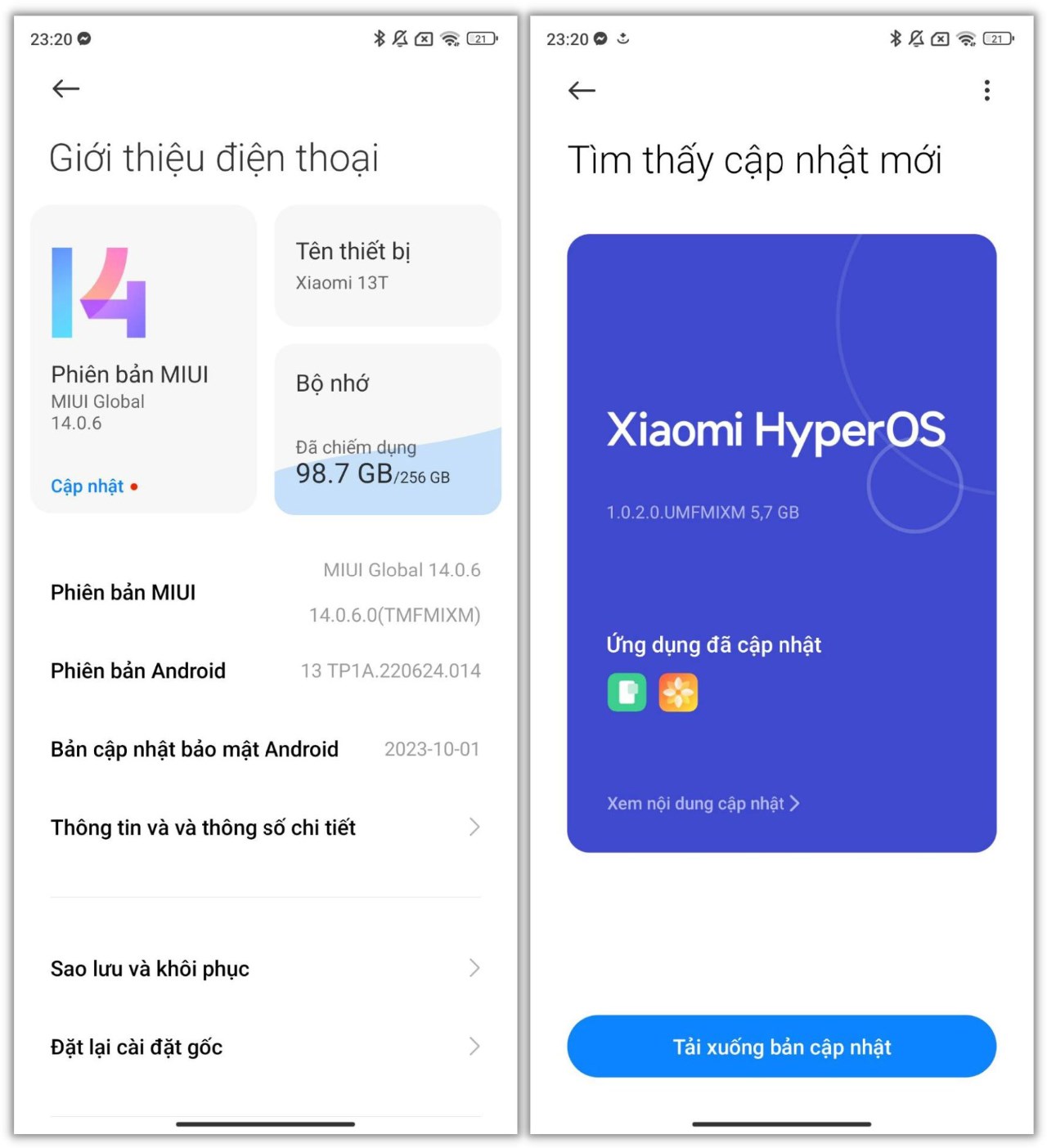 Xiaomi 13T của mình (chạy MIUI 14.0.6) đã nhận được bản cập nhật Xiaomi HyperOS chính thức với dung lượng khoảng 5.7 GB.