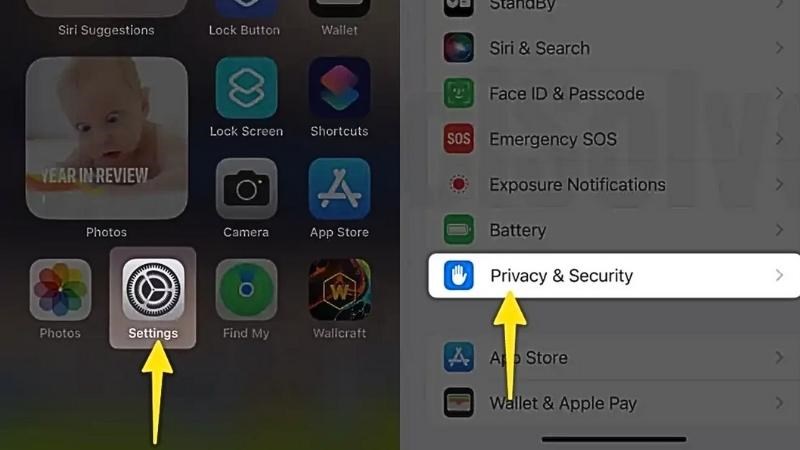 Vào Settings và chọn Privacy & Security Vào Settings và chọn Privacy & Security