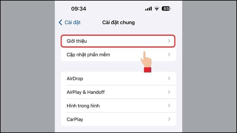 Chọn Cài đặt chung, tiếp theo chọn Giới thiệu chung