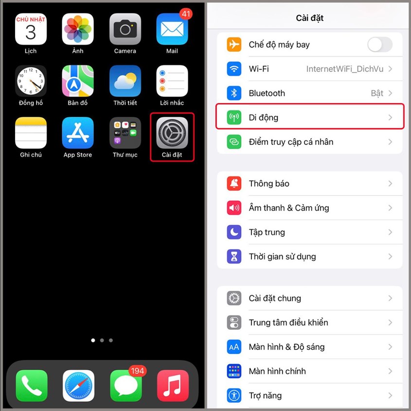 Vào phần Cài Đặt (Settings) và chọn Di Động (Cellular).