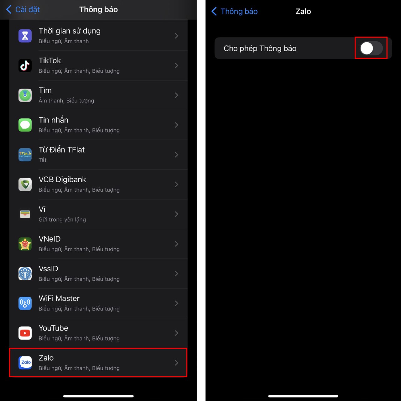 cách tắt thông báo Zalo