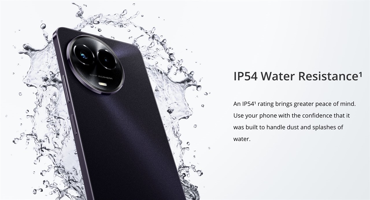 realme C67 5G hỗ trợ chuẩn kháng nước IP54. Nguồn: realme. realme C67 5G hỗ trợ chuẩn kháng nước IP54. Nguồn: realme.