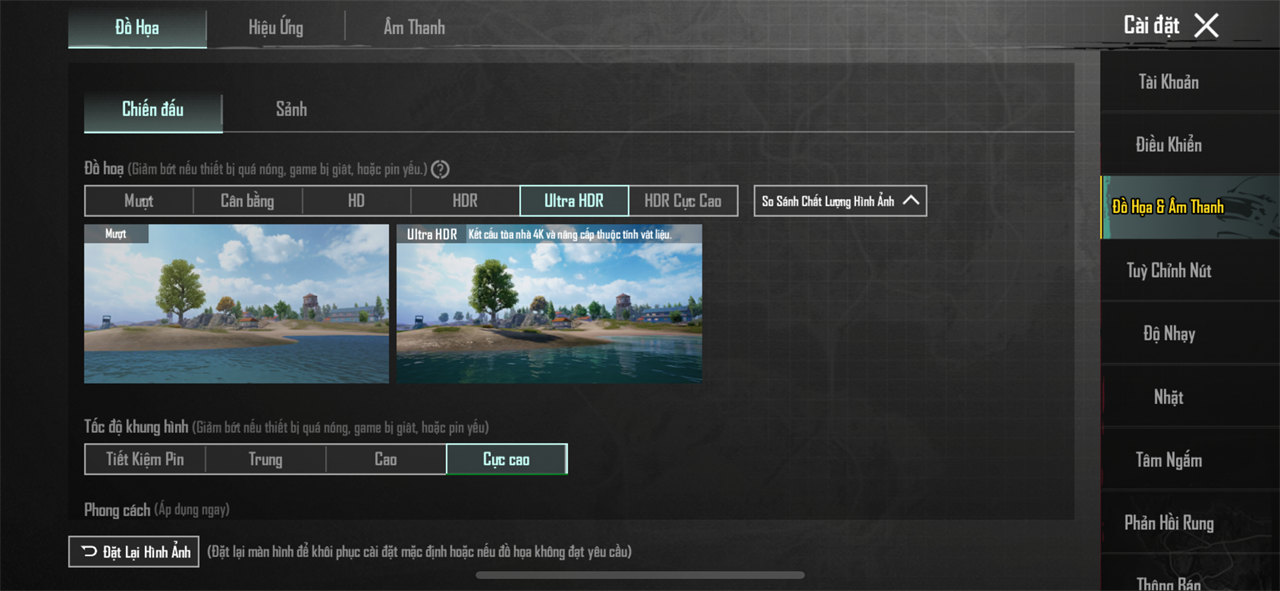 Thiết lập đồ họa PUBG Mobile mà mình đặt trên iPhone 13.