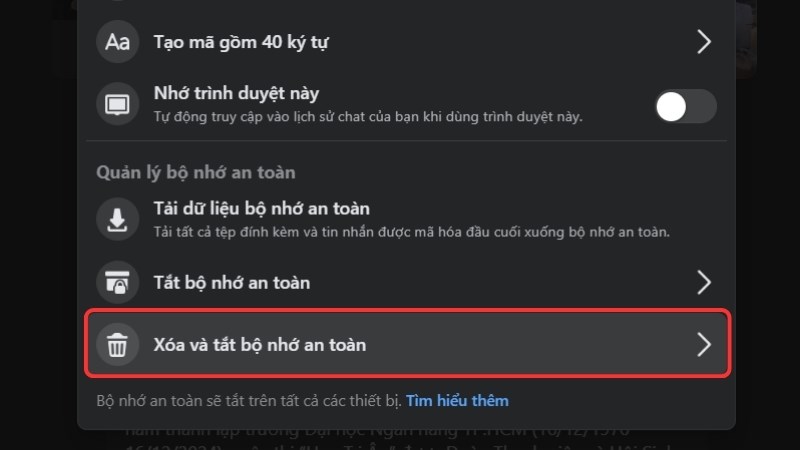 Chọn Xóa và tắt bộ nhớ an toàn