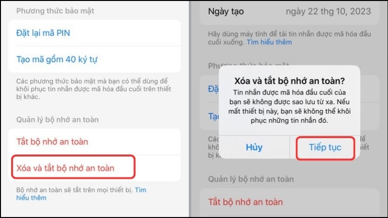 Chọn Xóa và tắt bộ nhớ an toàn để tắt tính năng này