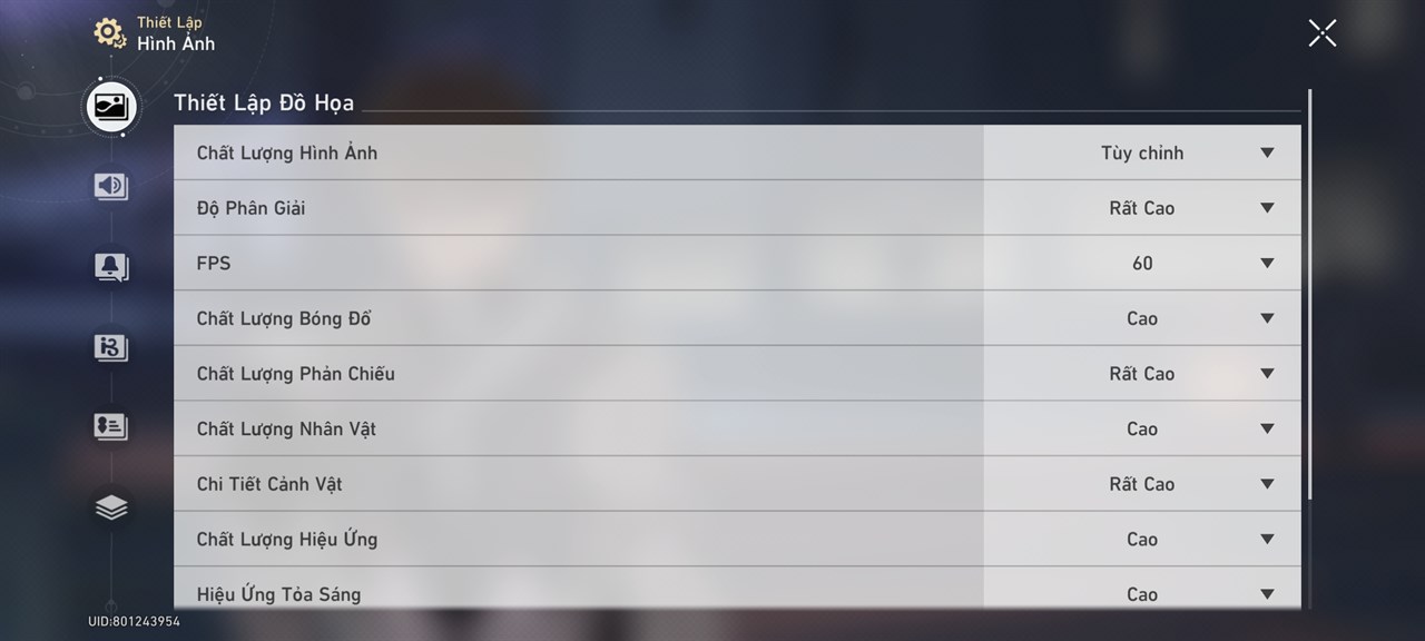 Thiết lập đồ họa Honkai: Star Rail mà mình đặt trên Honor 90 5G.