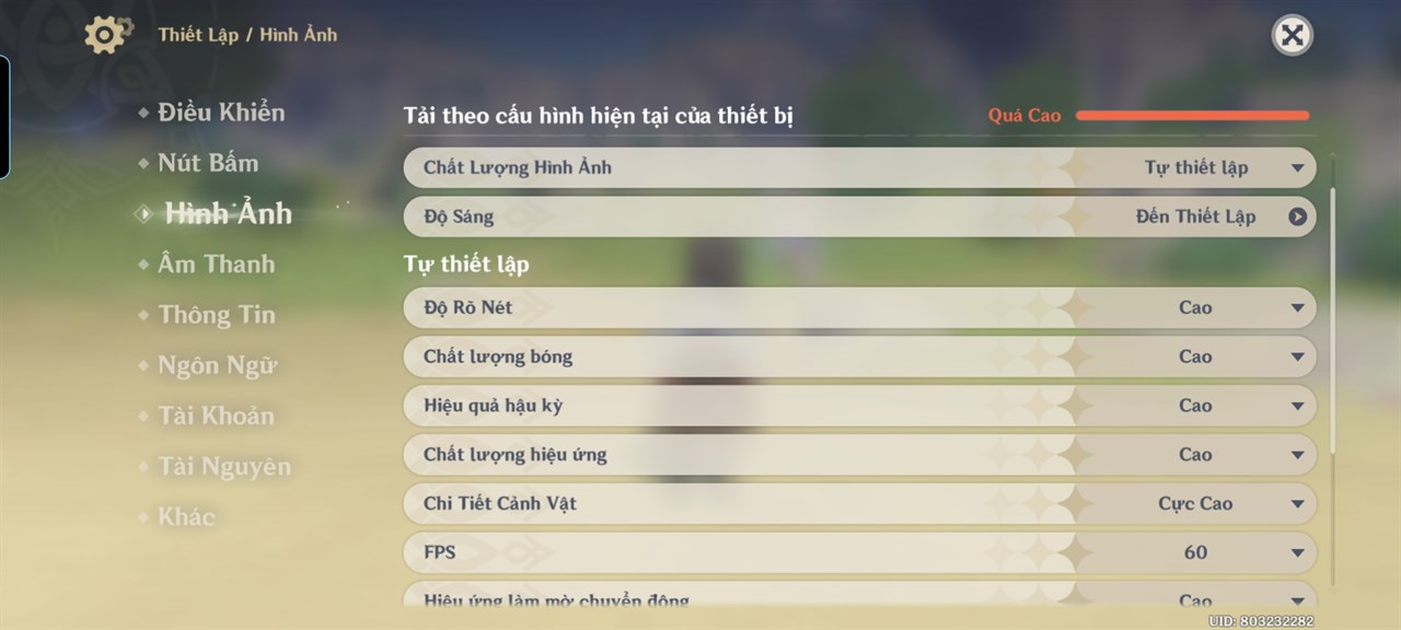Thiết lập đồ họa Genshin Impact mà mình đặt trên Honor 90 5G.