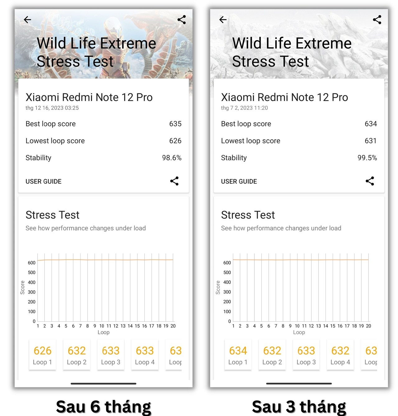 Điểm 3DMark Wild Life Extreme Stress Test của Redmi Note 12 Pro 5G sau 6 tháng và 3 tháng.