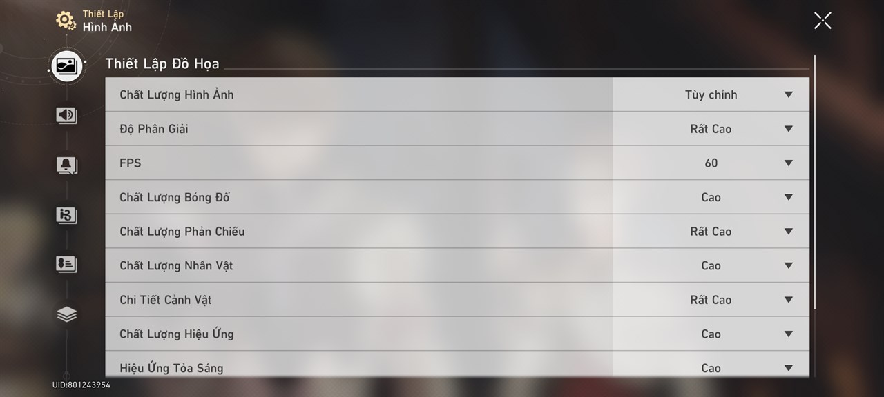 Thiết lập đồ họa Honkai: Star Rail mà mình áp dụng trên Redmi Note 12 Pro 5G.