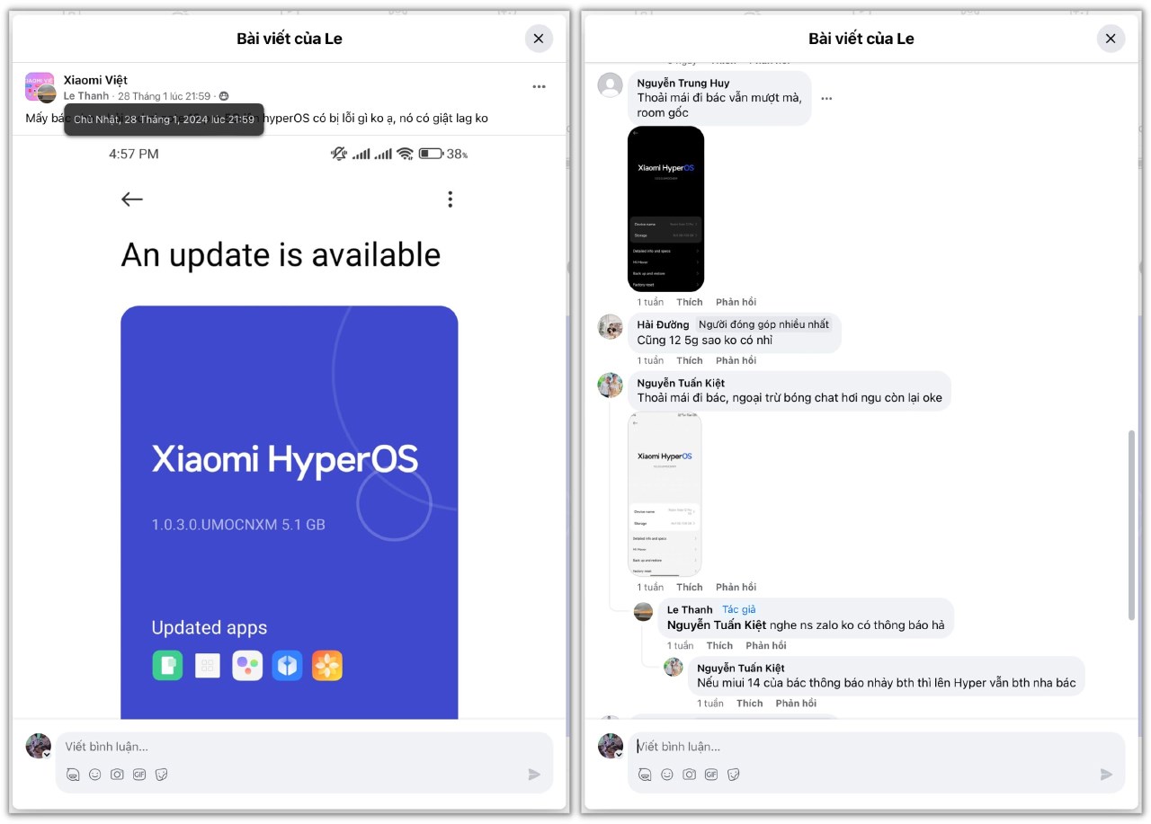 Đây là vài trải nghiệm nhanh từ một số người dùng Redmi Note 12 Pro 5G đã cập nhật Xiaomi HyperOS. Nguồn: Facebook Le Thanh.