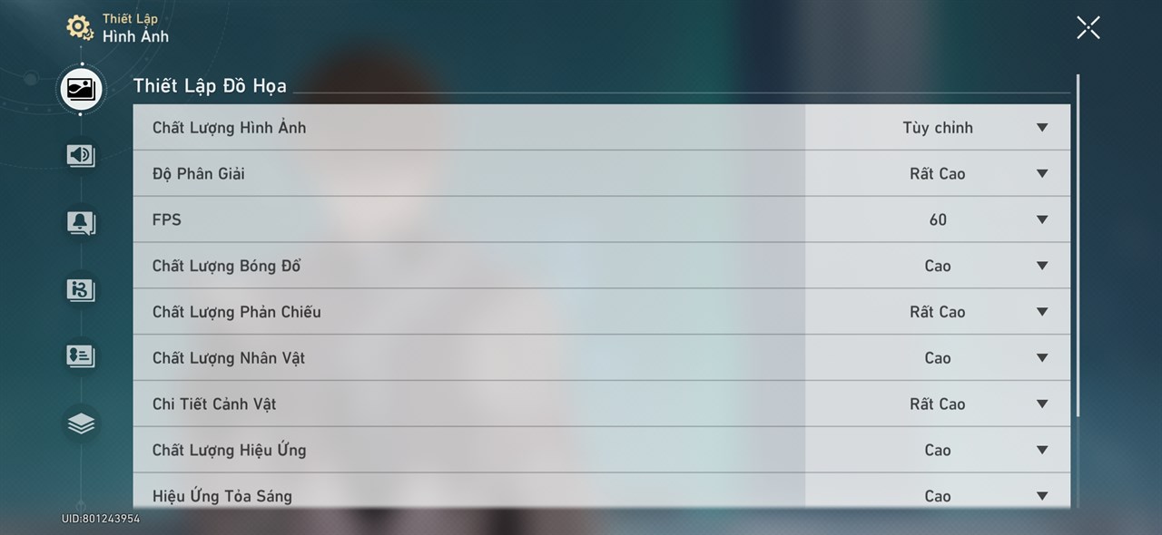 Thiết lập đồ họa Honkai: Star Rail mà mình áp dụng trên Galaxy S24 Ultra.