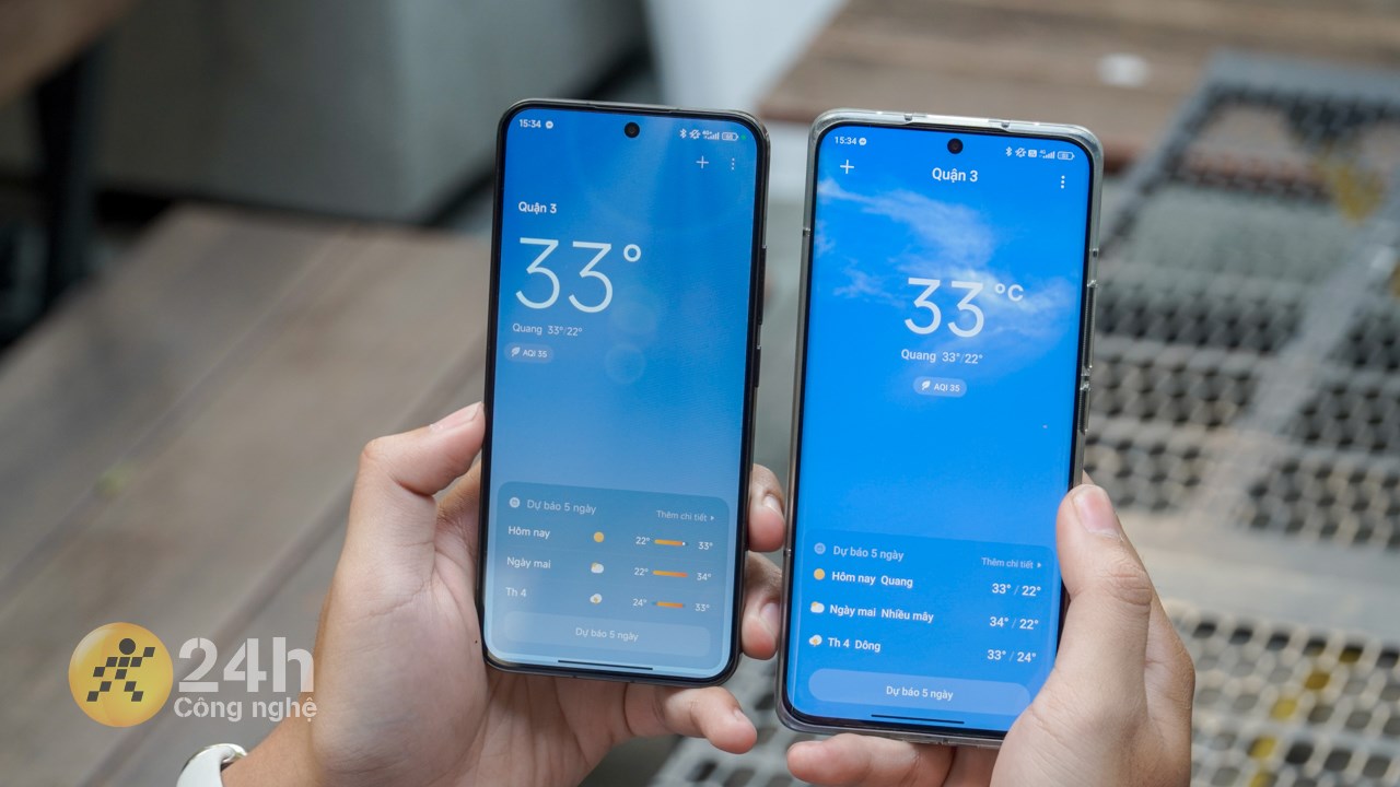 Bên trong ứng dụng thời tiết của Xiaomi 13 cập nhật Xiaomi HyperOS (trái) thì số được đặt bên trái để trông gọn gàng hơn so với MIUI 14. Bên trong ứng dụng thời tiết của Xiaomi 13 cập nhật Xiaomi HyperOS (trái) thì số được đặt bên trái để trông gọn gàng hơn so với MIUI 14.