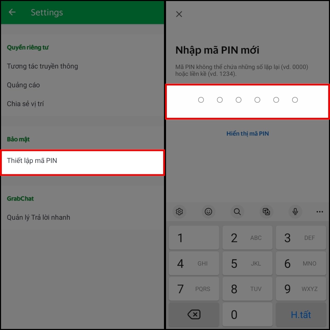 Cách thiết lập mã PIN trên Grab