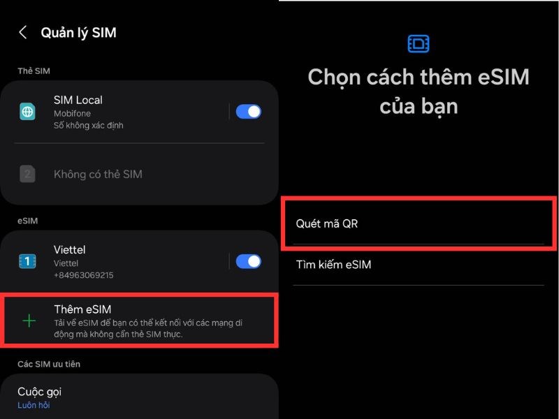 Nhấn vào Thêm eSIM rồi nhấn tiếp vào Quét mã QR từ nhà cung cấp dịch vụ Nhấn vào Thêm eSIM rồi nhấn tiếp vào Quét mã QR từ nhà cung cấp dịch vụ