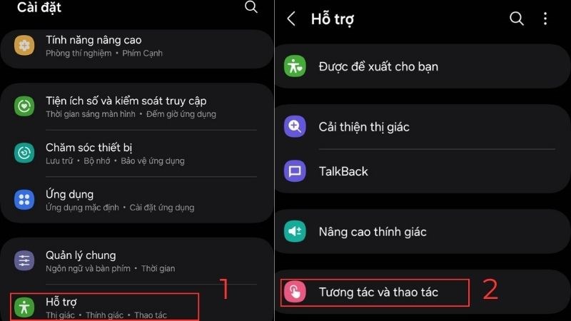 Vào Cài đặt > Chọn Hỗ trợ > Chọn Thao tác và tương tác để kích hoạt Menu hỗ trợ