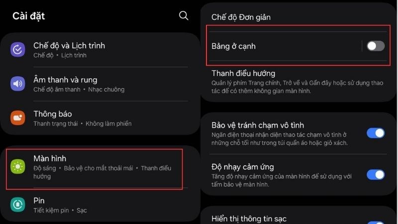 Chọn Trưng bày/Màn hình trong phần Cài đặt > Chọn Bảng ở cạnh