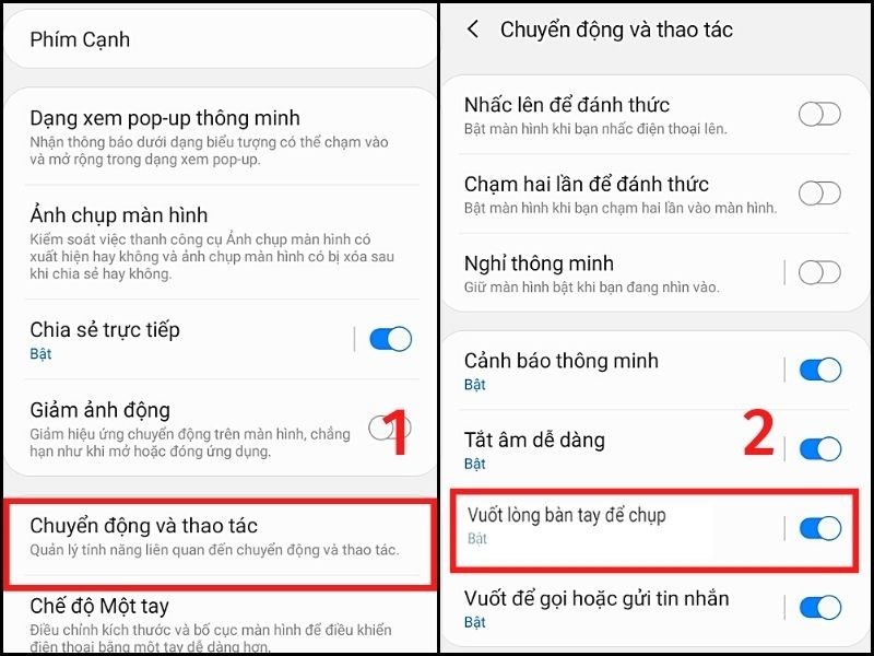 Chọn mục Chuyển động và thao tác > Gạt nút tròn ở mục Vuốt lòng bàn tay để chụp