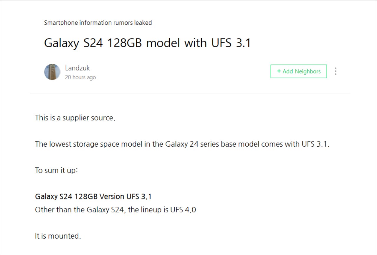 Galaxy S24 128 GB đi kèm chuẩn UFS 3.1