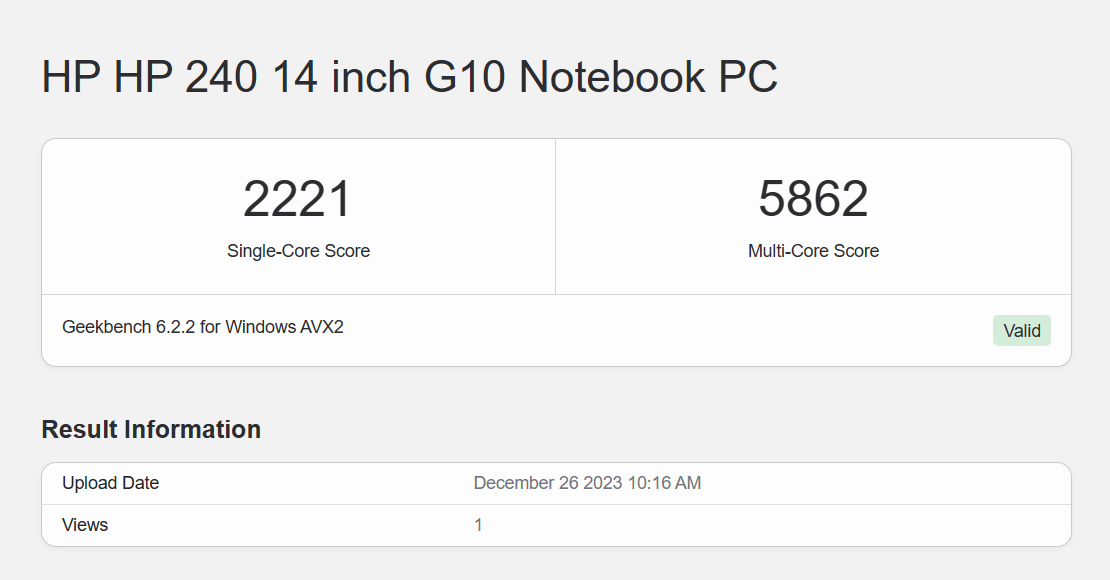 Điểm hiệu năng đơn nhân/đa nhân của HP 240 G10 được chấm bởi GeekBench 6