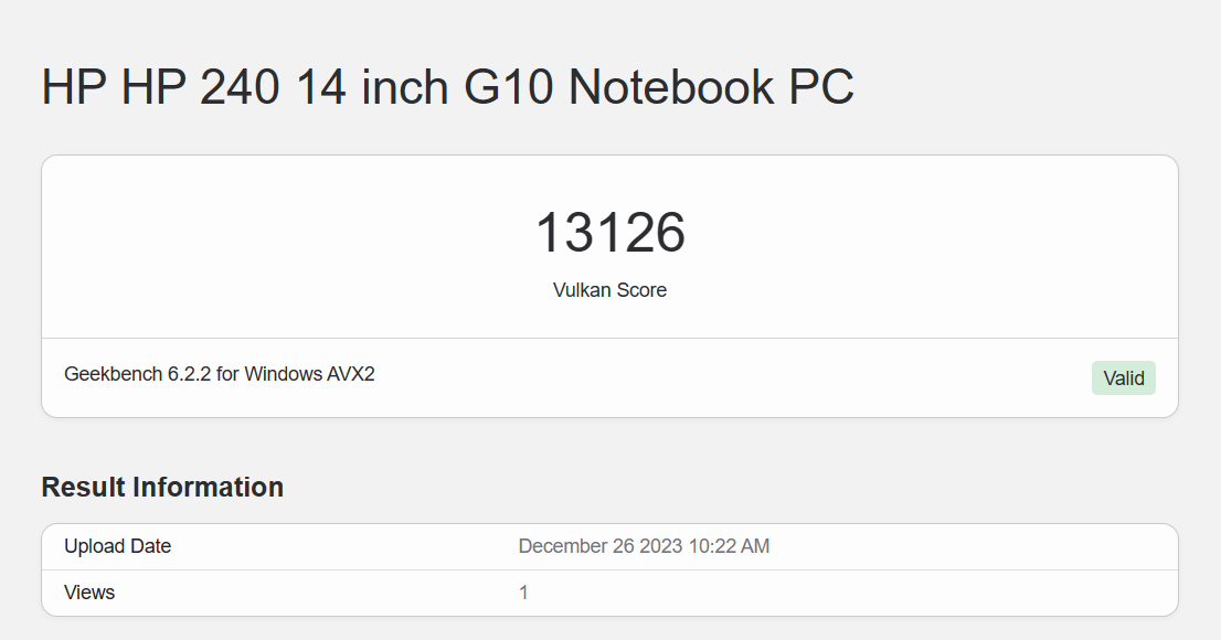 Điểm hiệu năng đồ họa Vulkan của HP 240 G10 được chấm bởi GeekBench 6