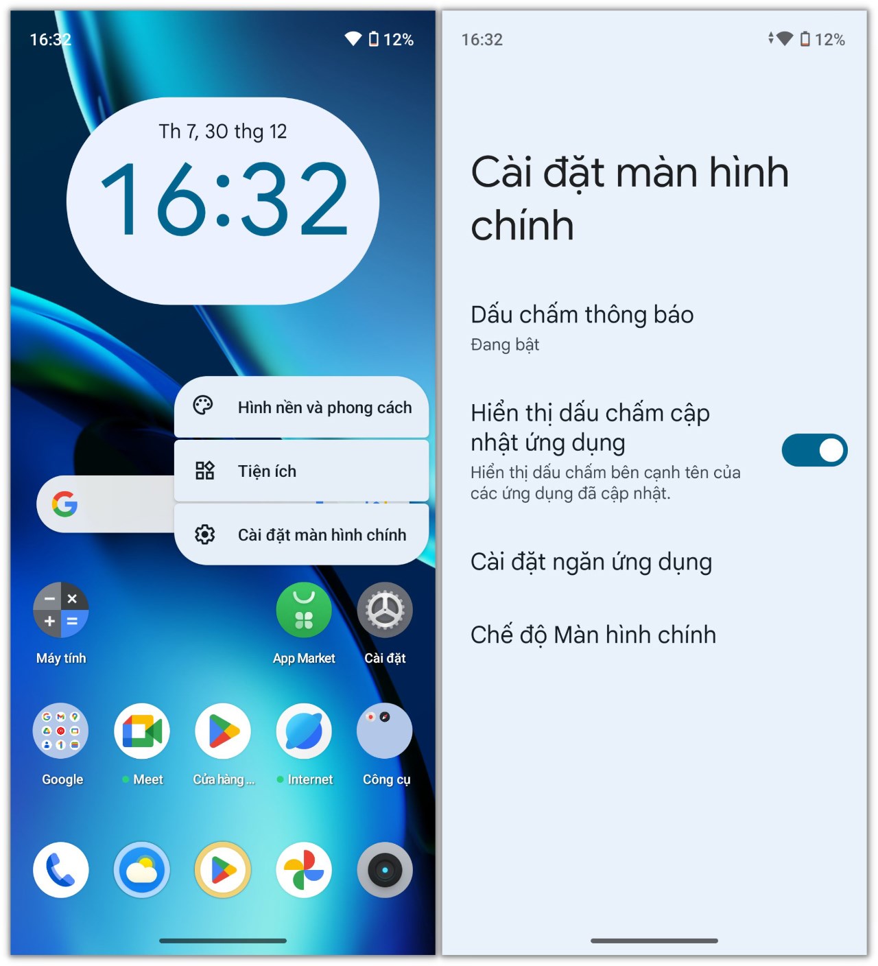 Phần cài đặt màn hình chính trên realme C67 không có nhiều tùy chọn mang tính cá nhân hóa. Phần cài đặt màn hình chính trên realme C67 không có nhiều tùy chọn mang tính cá nhân hóa.