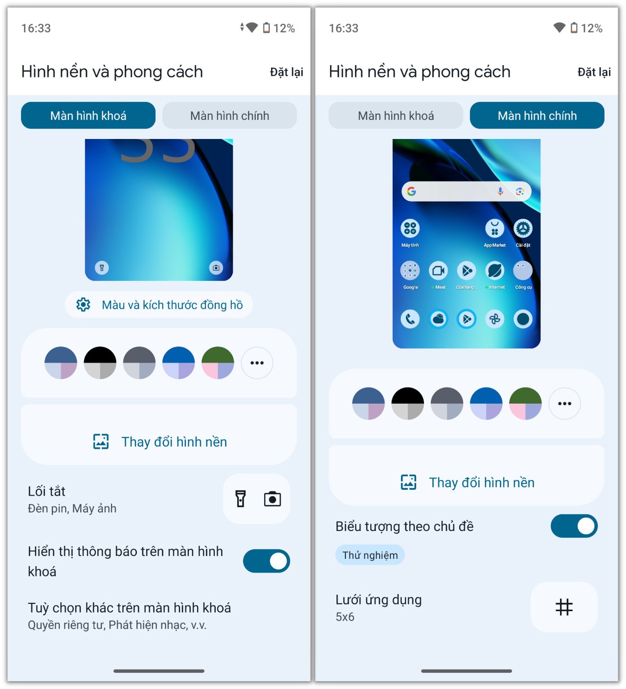 Đây là khu vực tùy chỉnh giao diện màn hình khóa và màn hình chính trên realme C67. Đây là khu vực tùy chỉnh giao diện màn hình khóa và màn hình chính trên realme C67.