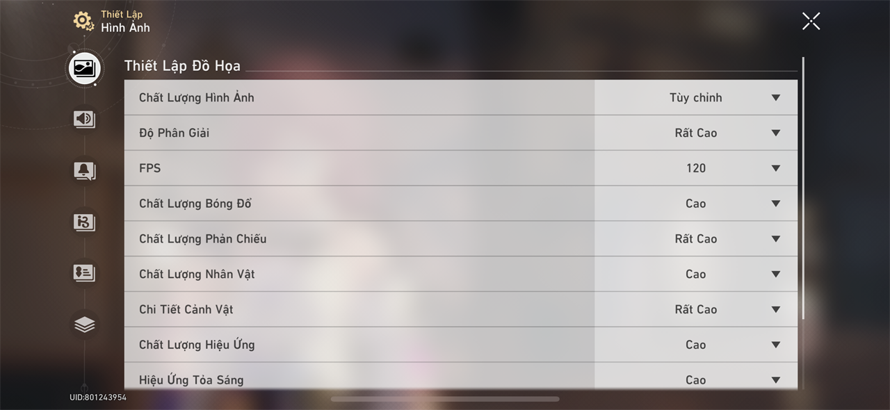 Thiết lập đồ họa Honkai: Star Rail mà mình đã đặt trên iPhone 15 Pro.