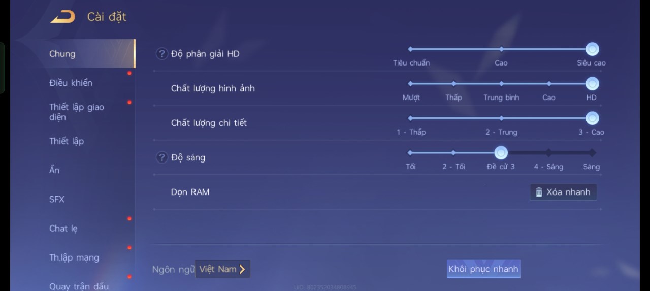 Thiết lập đồ họa trong Liên Quân Mobile mà mình dùng để test pin OPPO Reno11 Pro 5G Thiết lập đồ họa trong Liên Quân Mobile mà mình dùng để test pin OPPO Reno11 Pro 5G