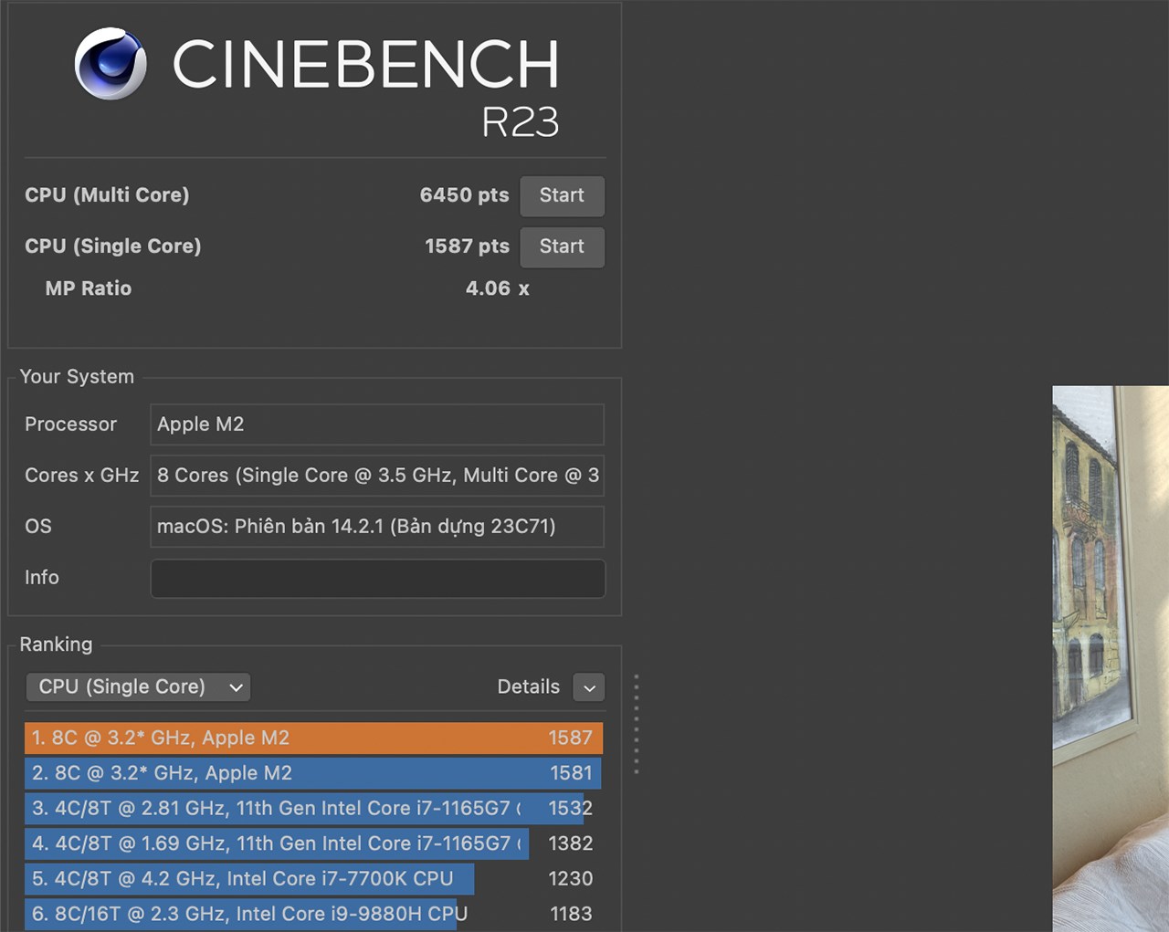 Điểm CineBench R23 của MacBook Air M2 sau 1 năm máy ra mắt.