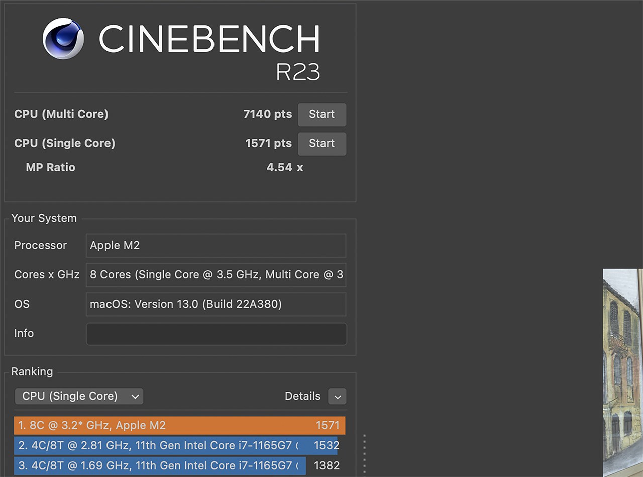 Điểm Cinebench R23 của MacBook Air M2 cách đây 1 năm