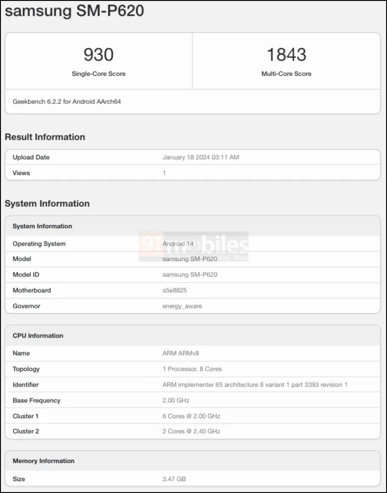 Cấu hình của chiếc máy tính bảng Samsung được phát hiện trên Geekbench