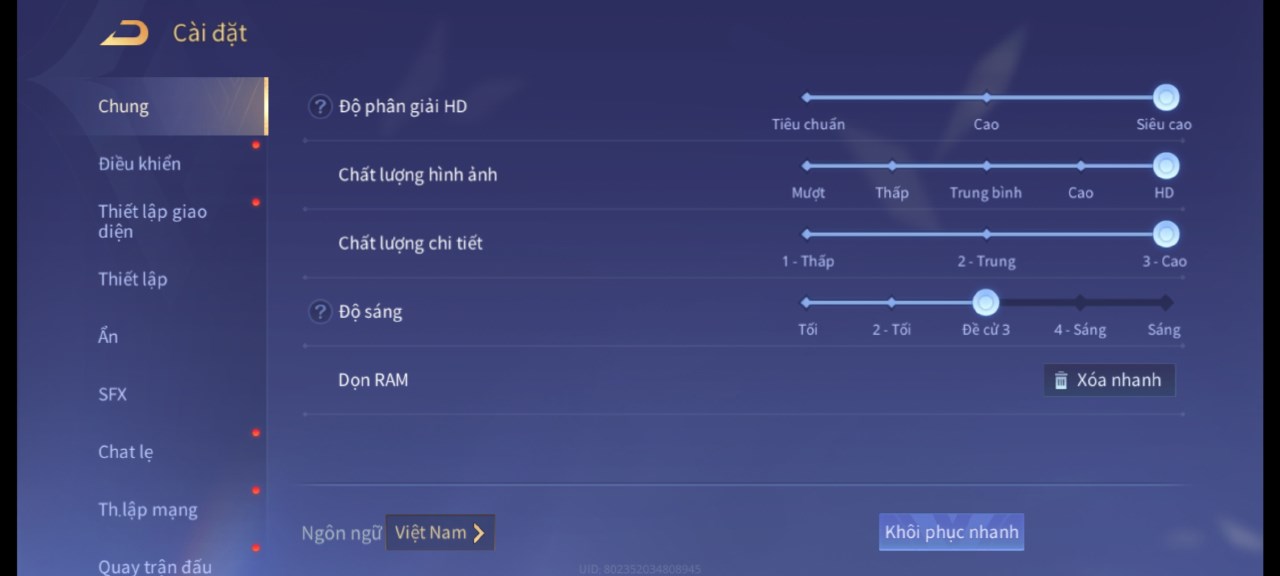 Thiết lập đồ họa trong Liên Quân Mobile mà mình dùng để test pin Redmi Note 13 Pro+ 5G.