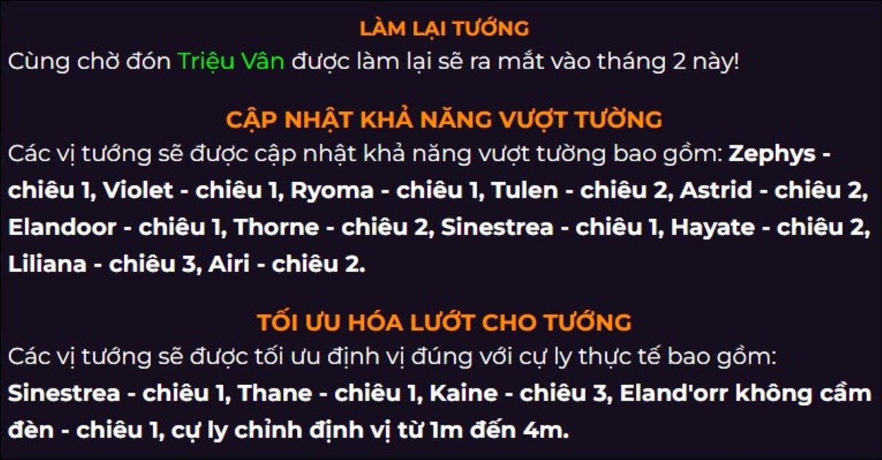 Một số tướng cũng sẽ được điều chỉnh sát thương, hồi chiêu, hao năng lượng, tốc chạy và các hiệu ứng khác Một số tướng cũng sẽ được điều chỉnh sát thương, hồi chiêu, hao năng lượng, tốc chạy và các hiệu ứng khác