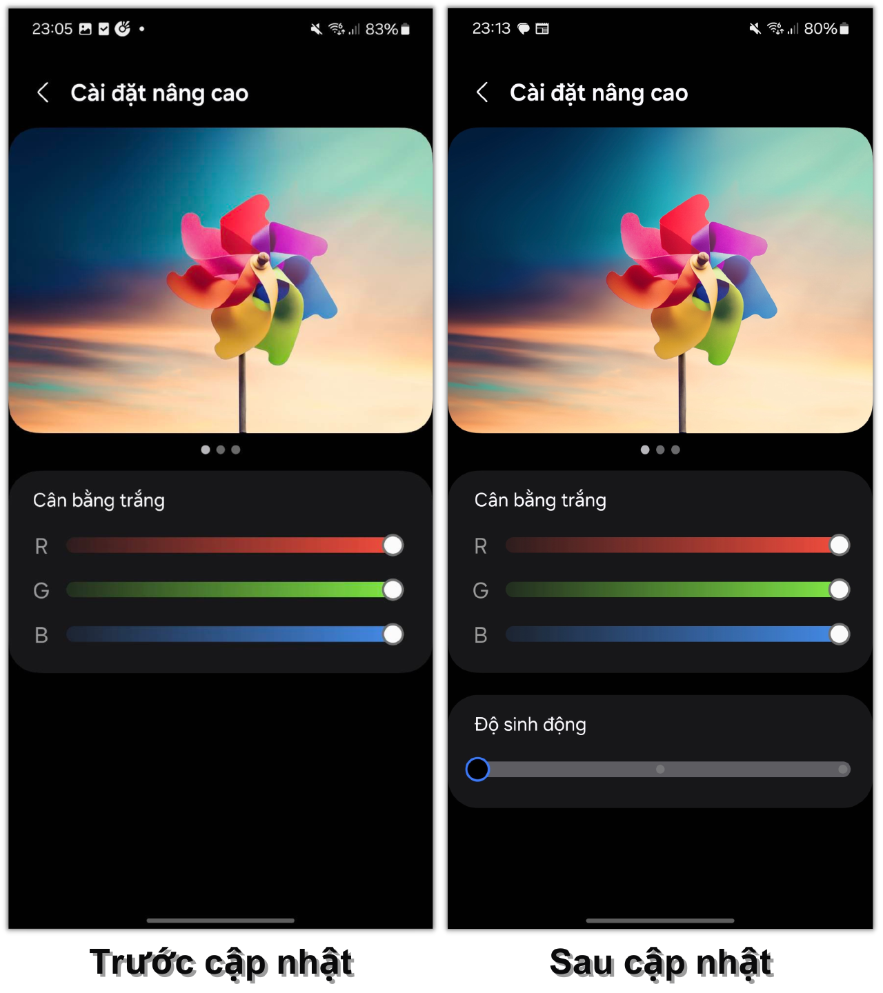 So sánh giao diện Cài đặt nâng cao màn hình của Galaxy S24 Ultra trước cập nhật (trái) và sau khi cập nhật (phải). So sánh giao diện Cài đặt nâng cao màn hình của Galaxy S24 Ultra trước cập nhật (trái) và sau khi cập nhật (phải).