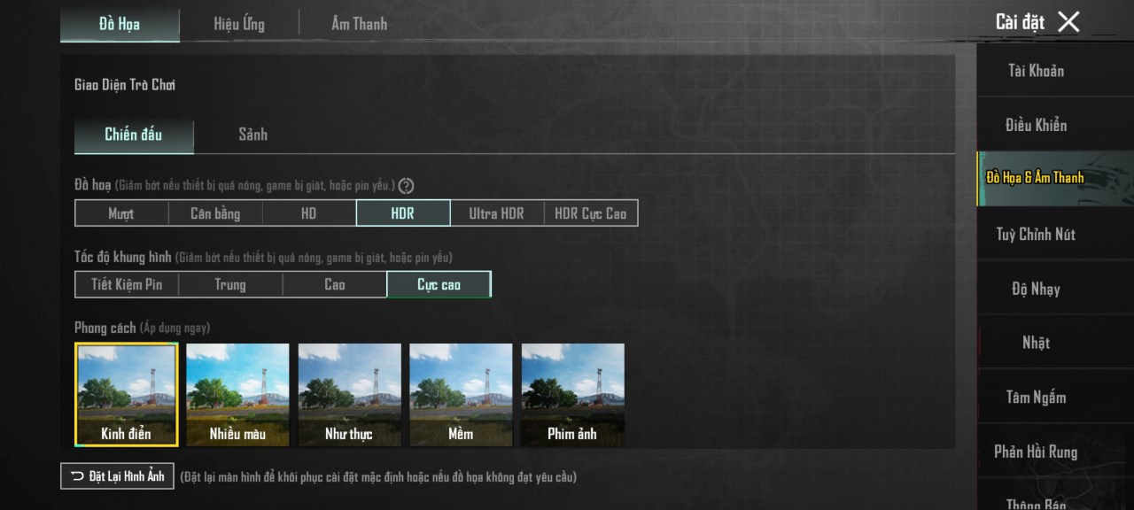 Thiết lập đồ họa trong PUBG Mobile mà mình đã chỉnh với Redmi Note 12 Pro 5G.
