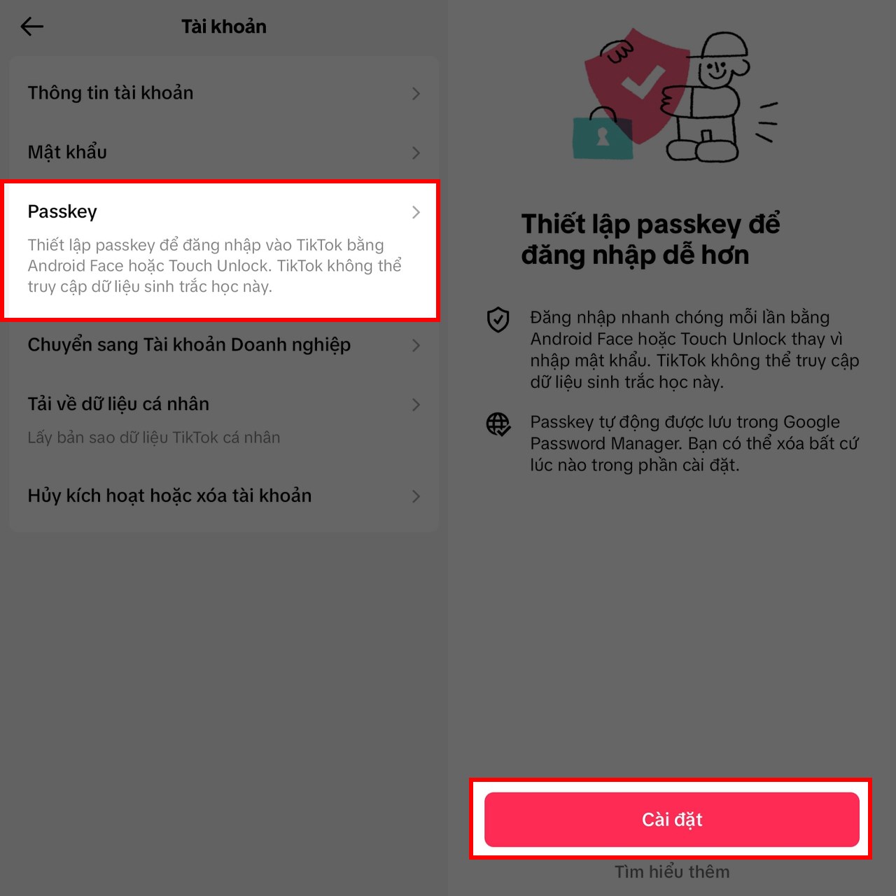 Cách khóa tài khoản TikTok bằng passkey