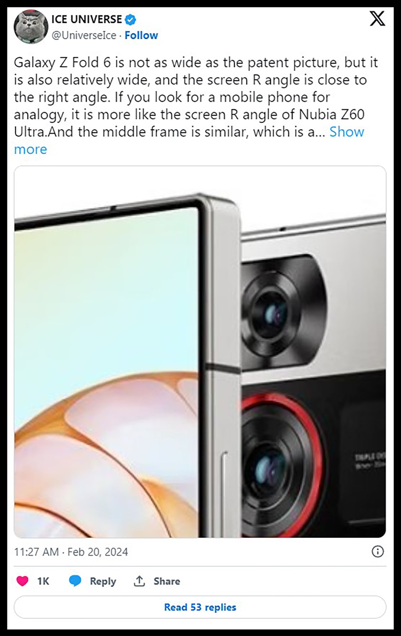 Galaxy z Fold6 sẽ có màn hình ngoài lớn, khung viền vuông hơn nhiều so với các thế hệ trước và theo ICE Universe thì thiết bị gần giống với Nubia Z60 Ultra. Nguồn: GSMArena.