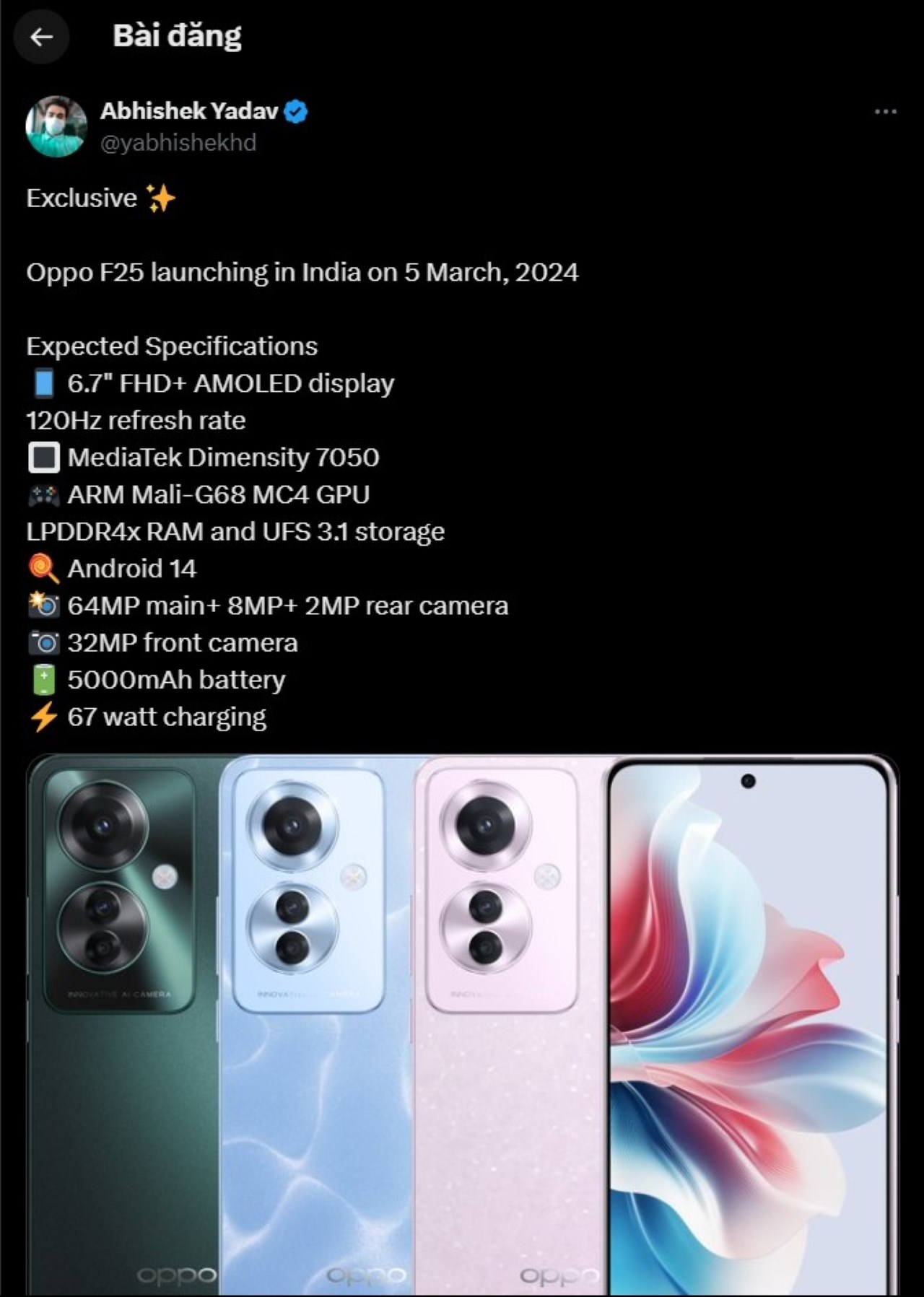 Bài đăng của leaker Abhishek Yadav trên mạng xã hội X Bài đăng của leaker Abhishek Yadav trên mạng xã hội X