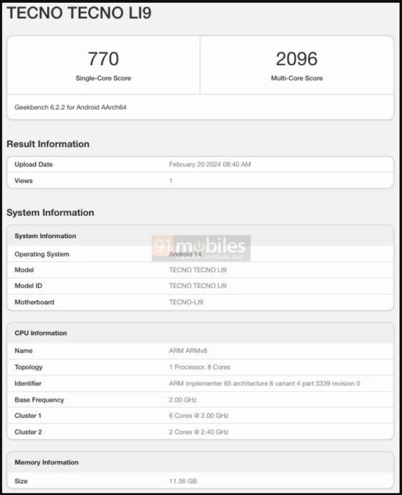 Điểm hiệu năng Geekbench bị rò rỉ của Tecno POVA 6 Pro Điểm hiệu năng Geekbench bị rò rỉ của Tecno POVA 6 Pro