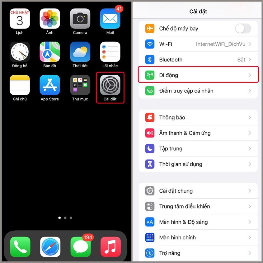 Mở Cài Đặt (Setting) > Chọn Di Động (Cellular) Mở Cài Đặt (Setting) > Chọn Di Động (Cellular)
