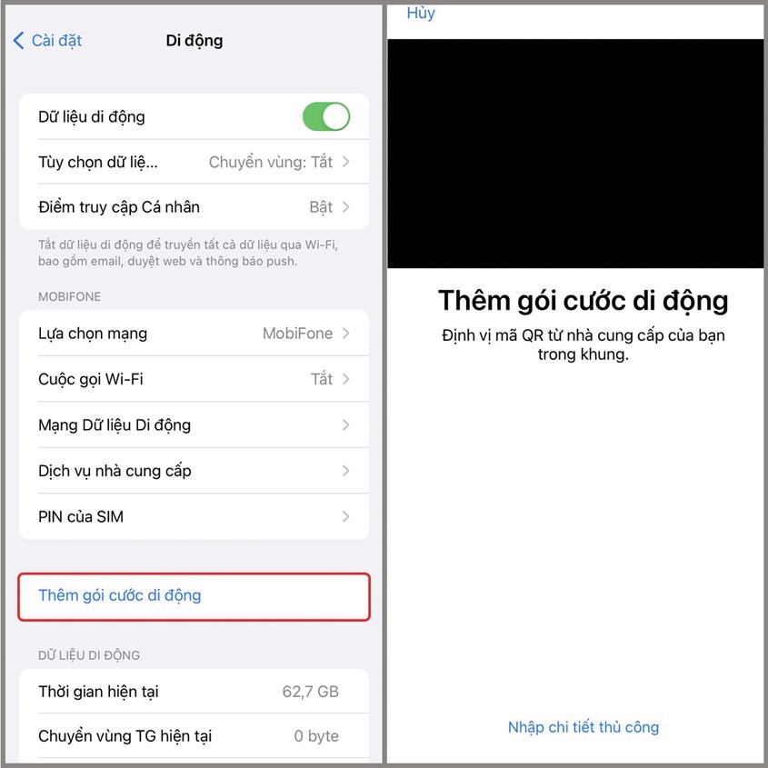 Nhấn chọn Thêm gói cước di động và Quét mã QR của nhà mạng Nhấn chọn Thêm gói cước di động và Quét mã QR của nhà mạng