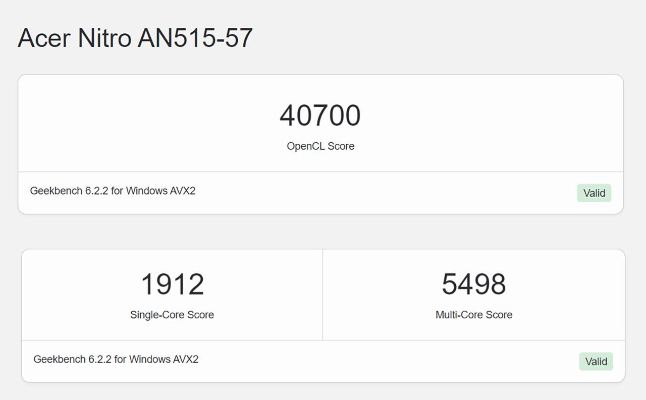 Kết quả bài test GeekBench 6 của Acer Nitro 5 AN515 57 5669. Kết quả bài test GeekBench 6 của Acer Nitro 5 AN515 57 5669.
