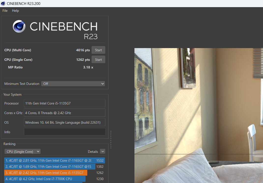 Điểm hiệu năng đơn nhân/đa nhân Cinebench R23 của Acer Aspire 3 A315 58 589K